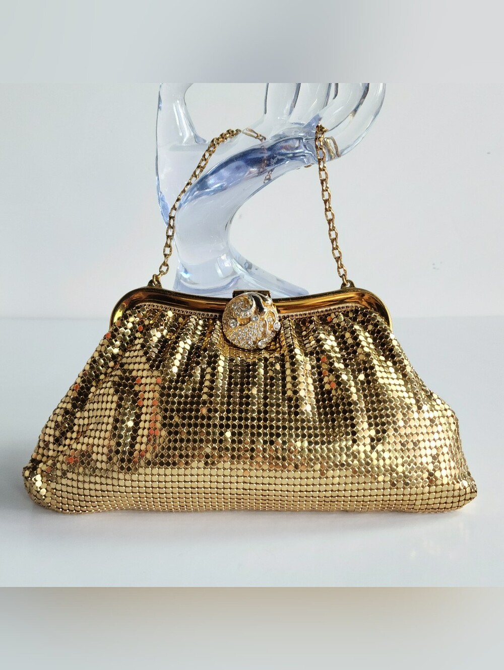 Vtg 50s 60s Whiting & Davis small metal mesh evening bag gold rhinestone clasp